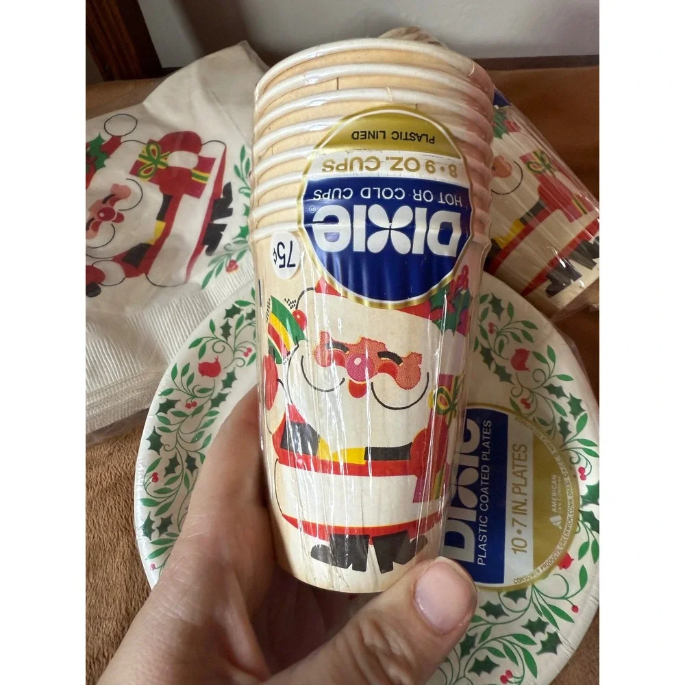 Vintage Dixie Christmas Santa Paper Plates Cups Napkins Set Retro Holiday Decor